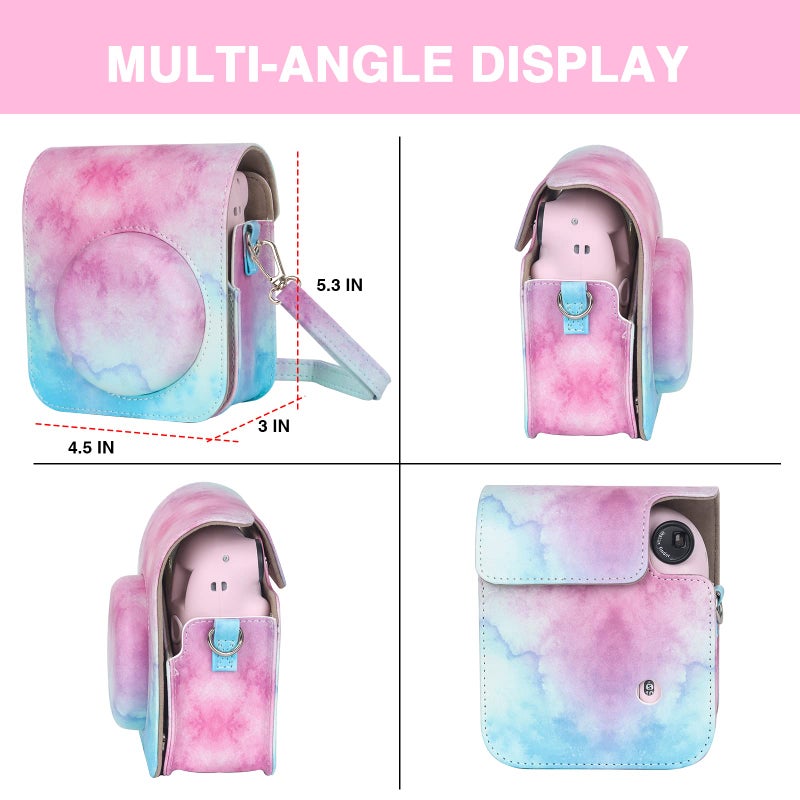 كايول حافظة كاميرا واقية من CAIYOULE لكاميرا Instax Mini 12 الفورية Fuji Mini 12 حافظة من جلد البولي يوريثان مع حزام كتف قابل للتعديل و64 ألبوم صور جيوب - ألوان مائية زرقاء وردية - Image 3